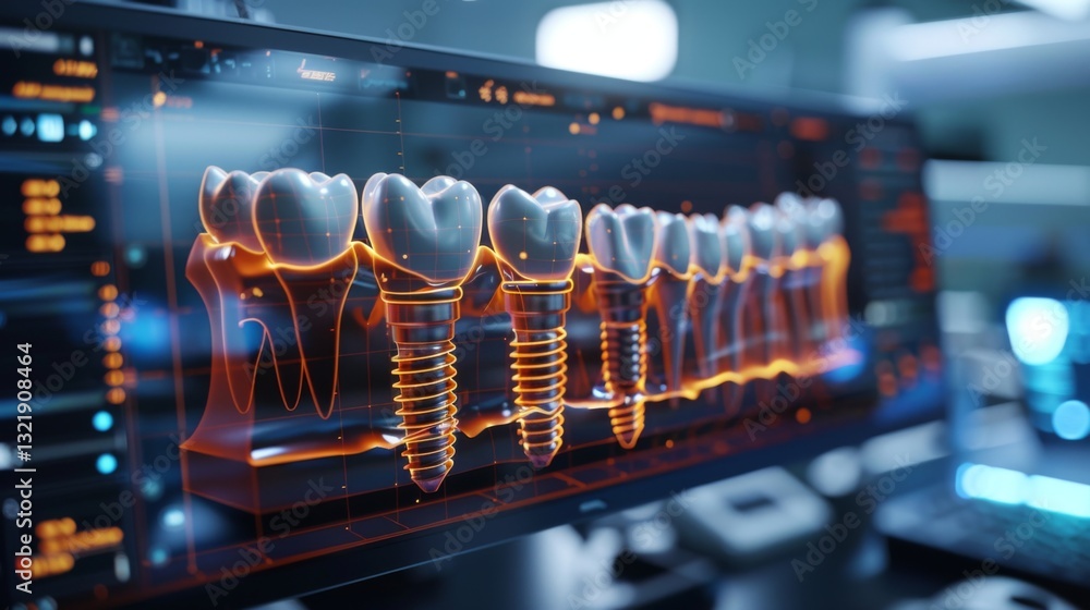 Aufkleber Advanced visualization of dental implants and teeth appears on a computer screen in a contemporary dental clinic, highlighting the use of technology in dental treatments and patient care.