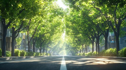 Fototapeta premium Urban street framed by trees in lush foliage during the day with sunlight