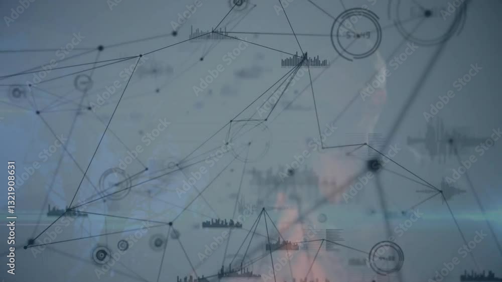 Poster interacting with screen, person surrounded by network of data processing animation