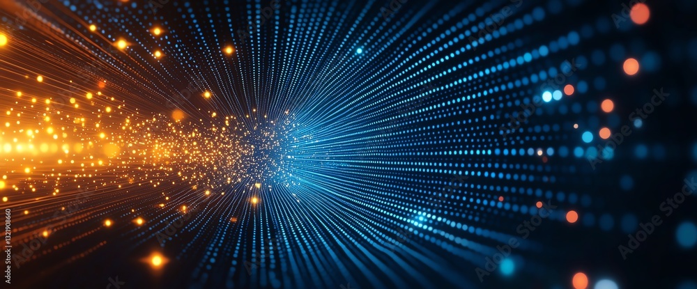 Poster abstract digital background showcasing a dynamic flow of blue and orange light particles, creating a