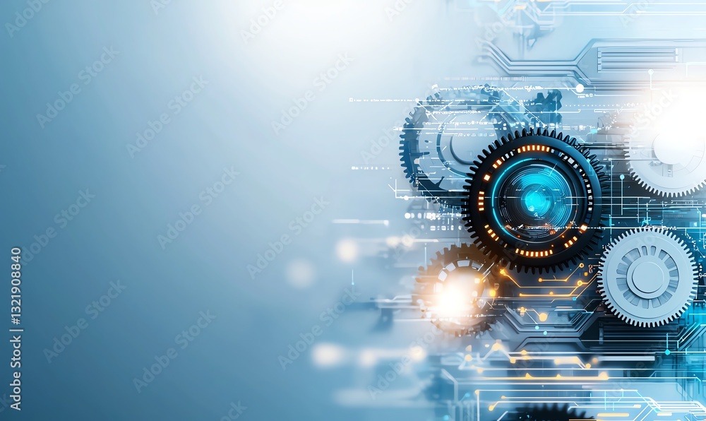 Poster a close-up view of mechanical gears and digital circuitry illustrating the integration of technology