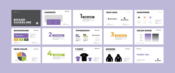 Complete brand guidelines design templates. Creative brand guidelines layout, Professional Logo Presentation, Logo and brand strategy guide, Modern Brand Guidelines Template
