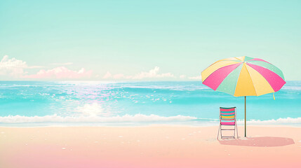 Summer background featuring lounge chair under umbrella with copy space and ocean waves.