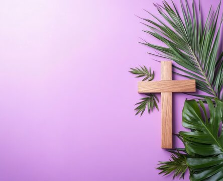 Wooden Cross and Tropical Leaves on Purple Background for Religious Themes