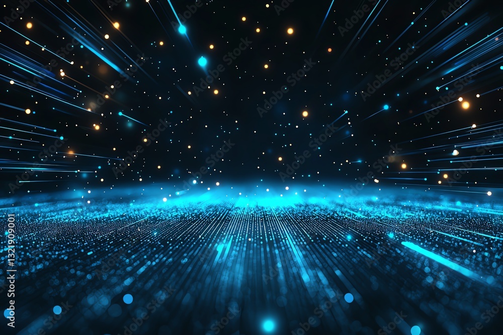 Poster a futuristic digital landscape featuring bright blue beams of light extending into the distance, cre