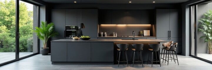Sleek dark gray kitchen, breakfast bar, dining table , cookware, concrete