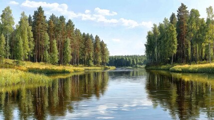 Serene River Landscape with Lush Green Trees and Partly Cloudy Sky