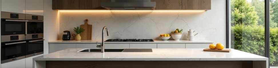 Sleek granite counters, stainless steel appliances gleam Modern kitchen design , clean, luxury
