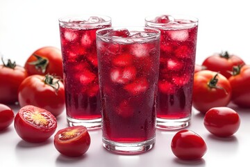 Refreshing tomato drinks with ice cubes served in tall glasses, surrounded by fresh ripe tomatoes. A vibrant and healthy beverage option.