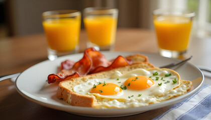 A hearty breakfast featuring sunny-side-up eggs on toast with crispy bacon, served with fresh orange juice on a wooden table in soft morning light.