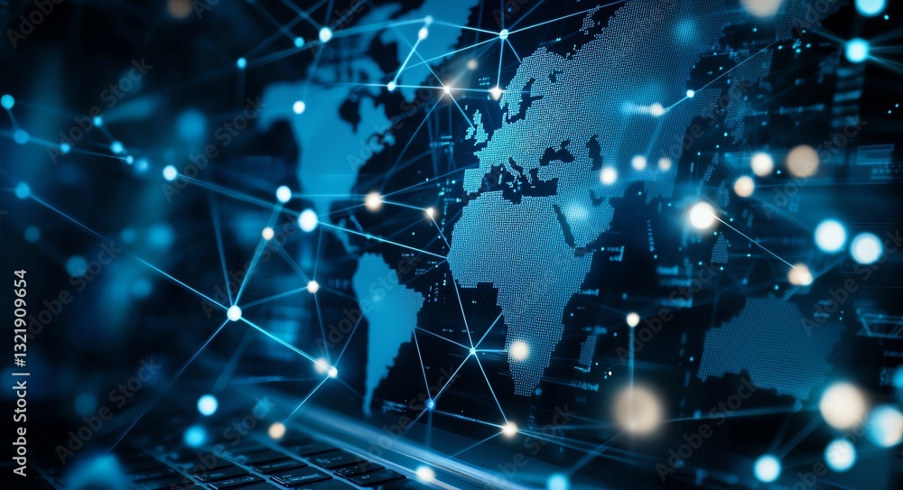 Poster a detailed representation of the world map integrated with a network of digital connections. this im