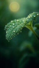 Close-up of a green leaf with water droplets glistening in soft light
