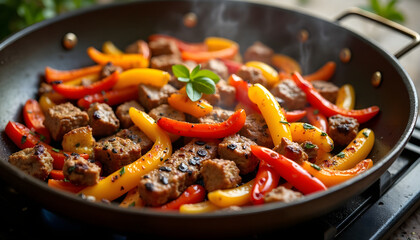 A sizzling pan filled with stir-fried beef cubes and colorful bell peppers, garnished with fresh herbs, highlighting a flavorful and vibrant meal.