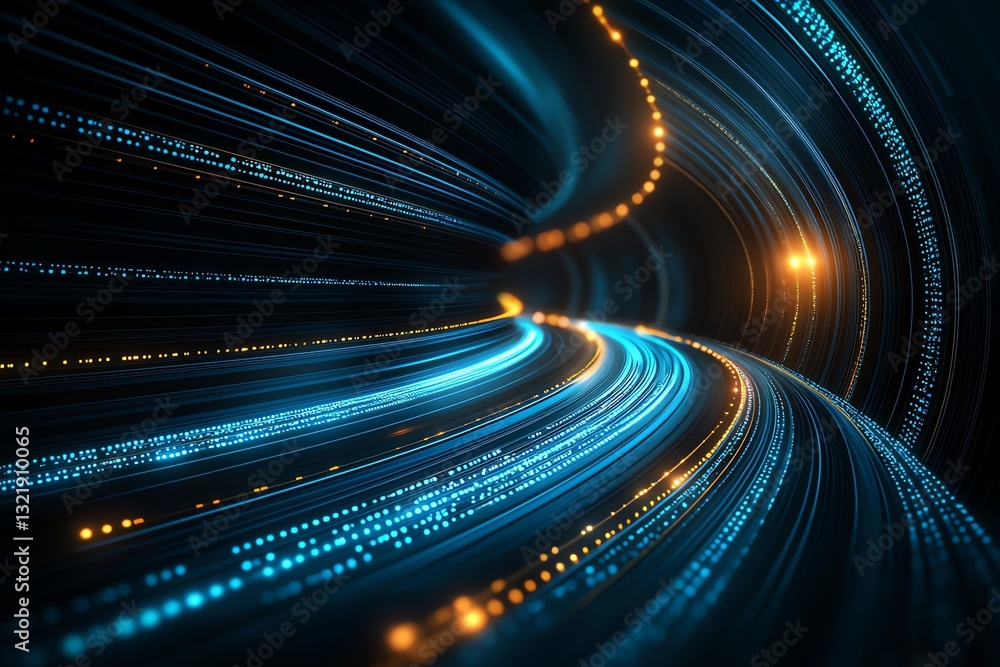 Poster a dynamic digital tunnel with flowing blue and orange lights, representing speed and connectivity in
