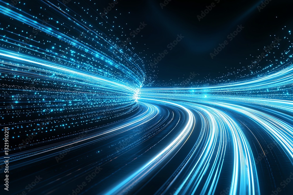 Poster a stunning visual representation of futuristic digital lights creating a sense of motion and speed. 