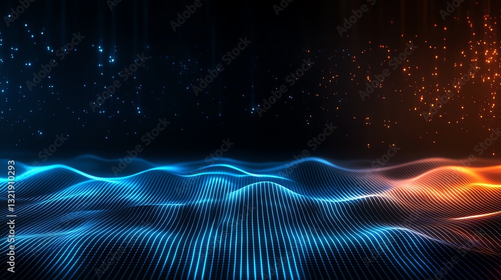 Poster a vibrant display of glowing waves in blue and orange tones, creating a mesmerizing visual effect. i
