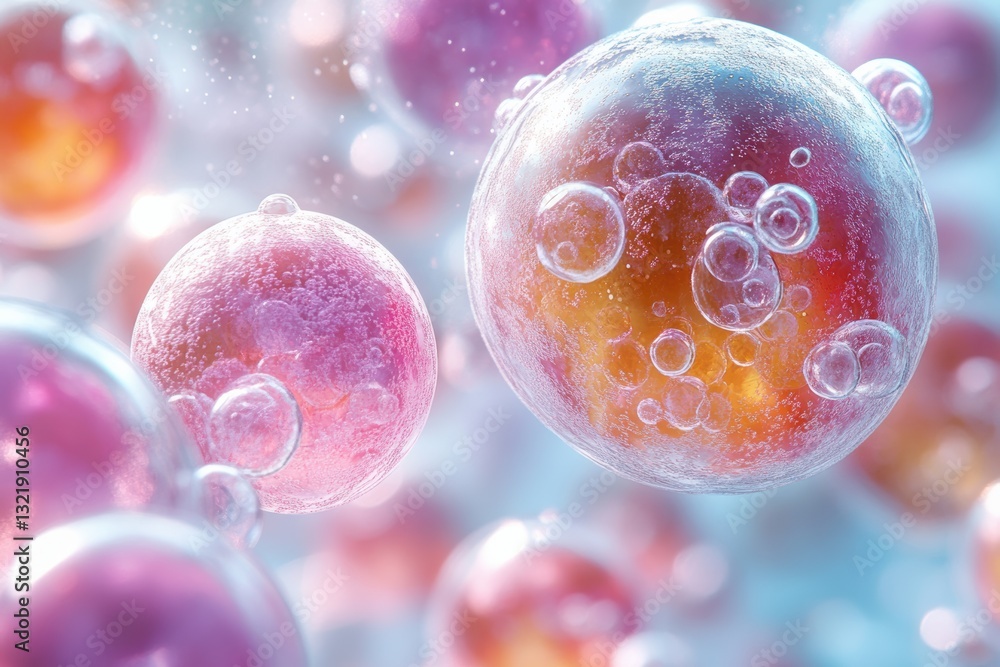 Aufkleber This visually captivating image showcases a close-up of colorful cells with bubbles, representing biological processes and cellular life in a striking way.