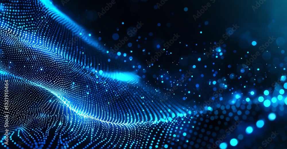 Poster a mesmerizing digital landscape featuring flowing blue waves and shimmering particles. this abstract