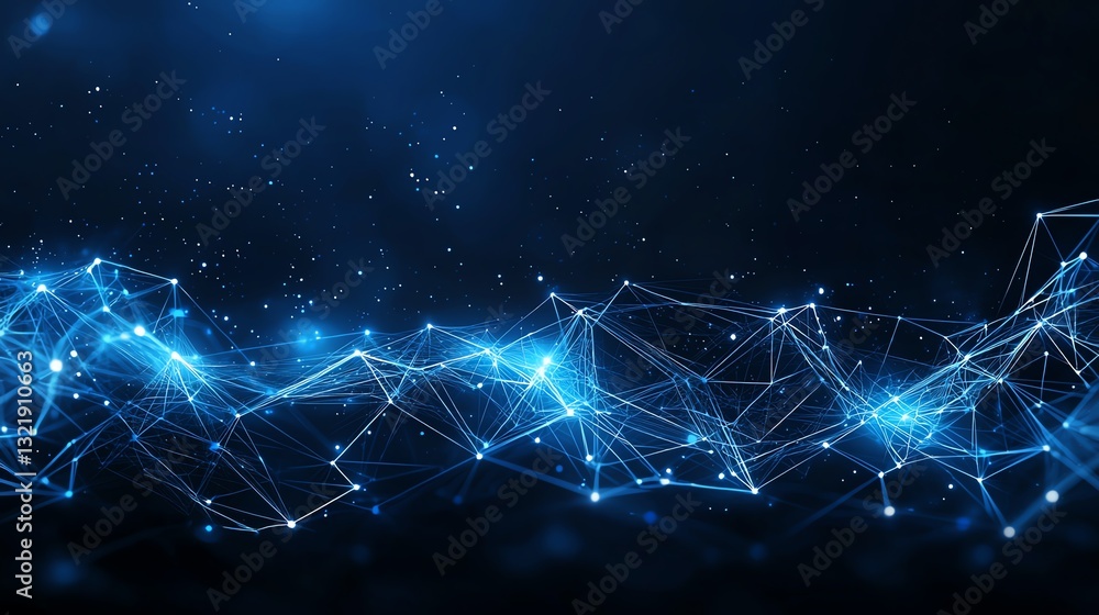 Poster a mesmerizing visualization of interconnected nodes and lines in a dark space with vibrant blue acce