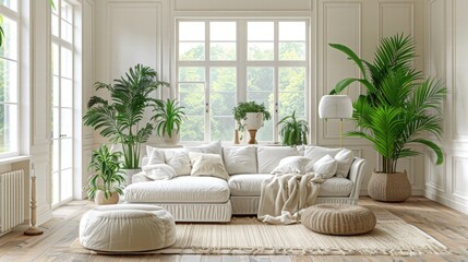 Bright and Airy Living Room with Plants and Cozy Sofa