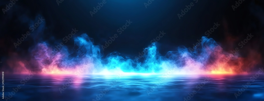 Poster a dynamic visual of colorful smoke rising, featuring hues of blue and orange against a dark backdrop