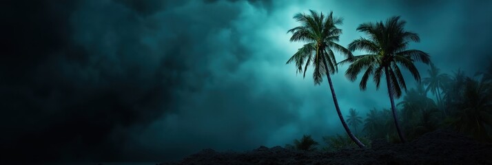 Naklejka premium This captivating image features two palm trees silhouetted against a dark, ominous sky, conveying a sense of mystery and the beauty of nature's contrasts.