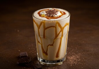 Sweet milkshake with caramel syrup drizzled on top.

