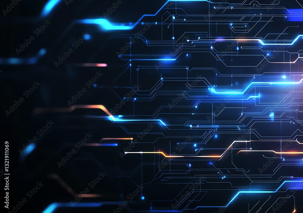 Poster dynamic abstract technology background featuring glowing lines and circuits representing data flow. 