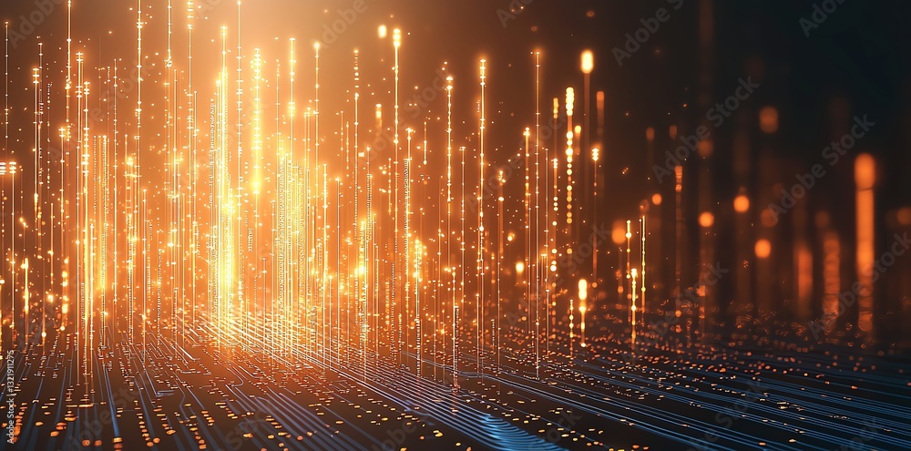 Poster a stunning visualization of glowing light particles in motion, creating a dynamic and futuristic atm