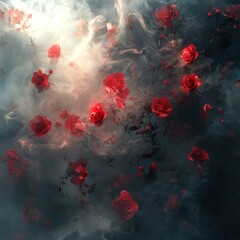 Red roses in swirling smoke, dark fantasy art.