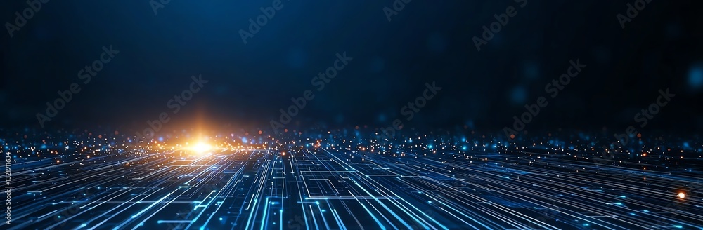 Poster a futuristic digital landscape featuring glowing lines and circuits. the abstract representation sym