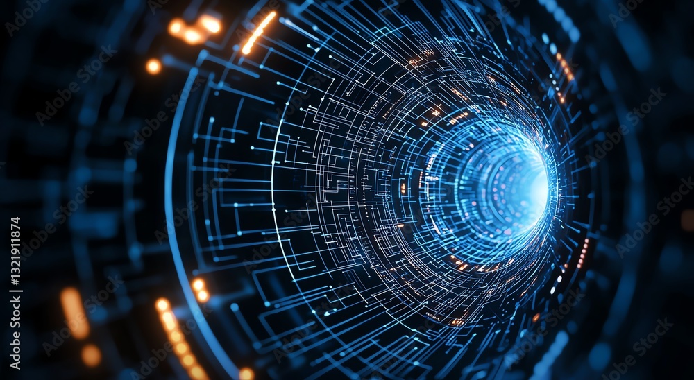 Poster a futuristic digital tunnel showcasing intricate patterns of light and code, symbolizing advancement