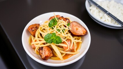 Delicious Linguine with Grilled Sausage and Lemon Garnish