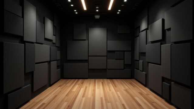 Spacious soundproof room with acoustically treated walls and wooden floor.