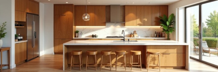 Warm wood cabinets, marble counters, breakfast bar island , island, home decor