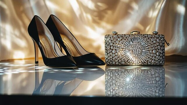 Elegant black high heels and sparkling clutch on reflective surface
