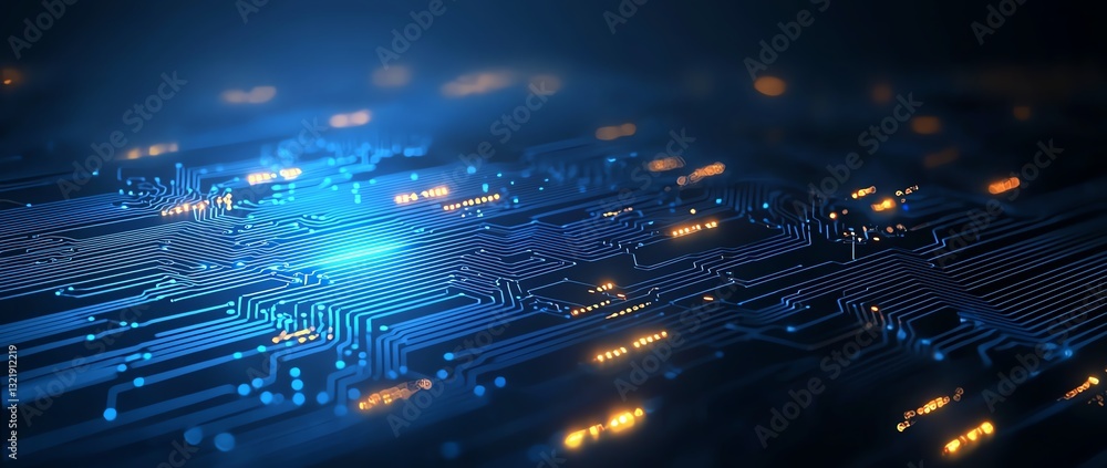 Poster a vibrant technological background featuring illuminated circuit patterns and blue light effects, sy