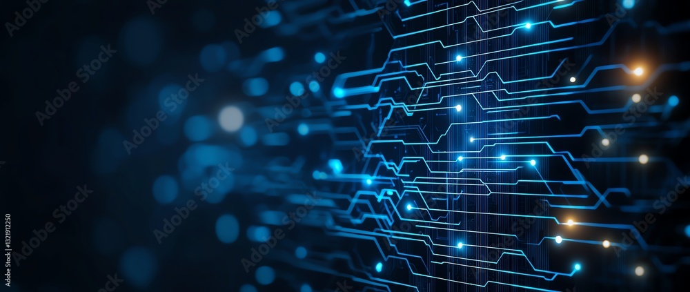 Aufkleber a close-up view of a futuristic circuit board design with glowing blue lines and small lights, repre