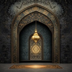 An Islamic lantern and a mosque window with a hanging golden lamp. Generative AI