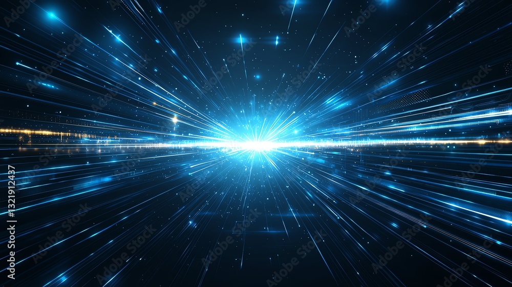 Poster an abstract representation of speed and motion, featuring radiant blue light beams emanating outward