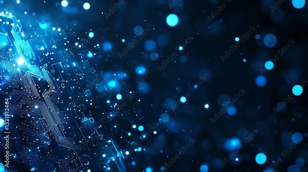 Poster a mesmerizing digital background featuring dynamic blue particles, representing the essence of techn