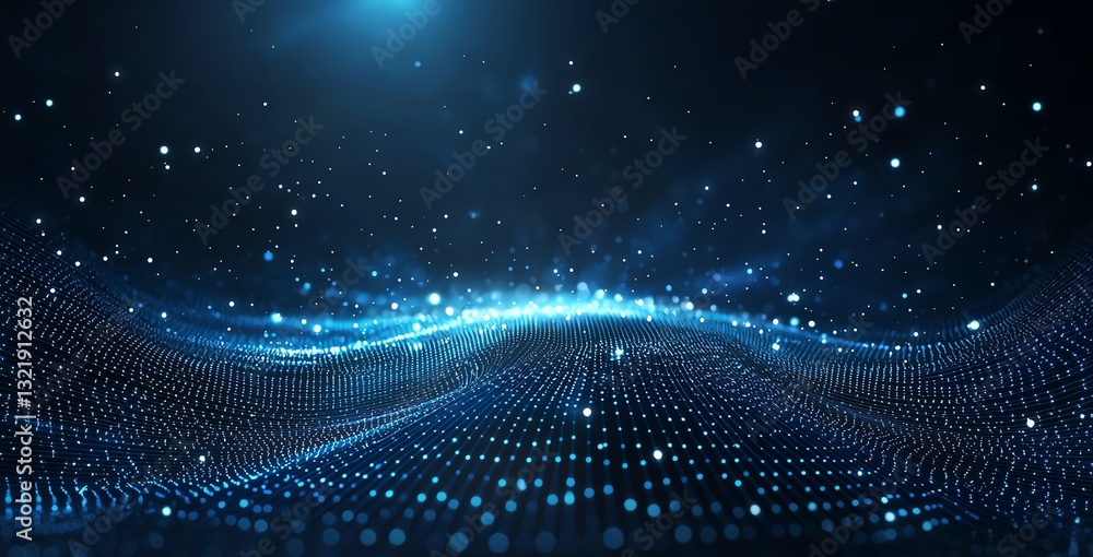 Poster an abstract representation of digital data waves, showcasing a vibrant blue color scheme with sparkl