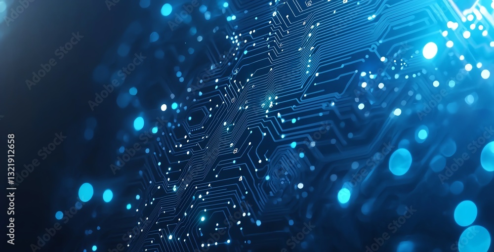 Poster an abstract representation of a digital circuit board illuminated with glowing blue lights