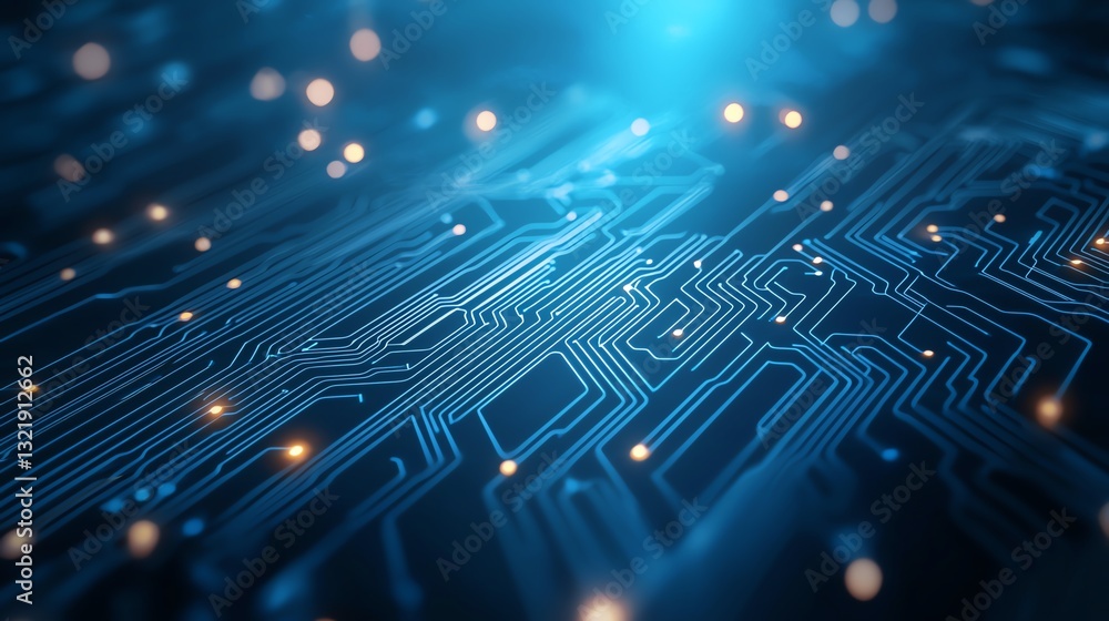 Poster a close-up view of a blue circuit board, featuring intricate patterns and glowing lights. this image