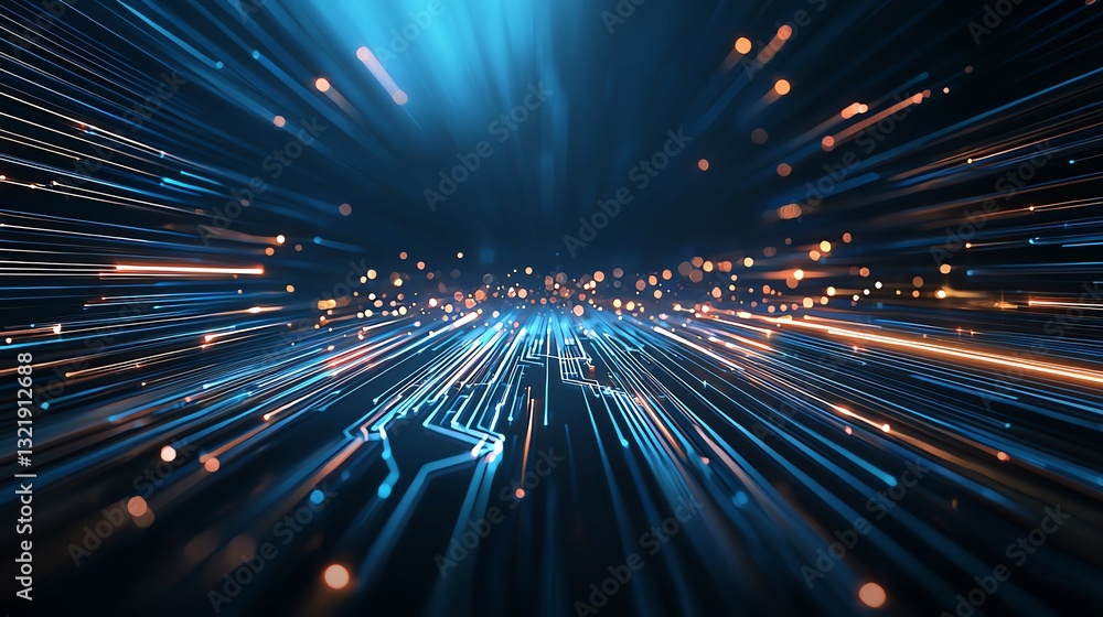 Poster a vibrant digital abstract image showing streams of light and data points, symbolizing speed and inn