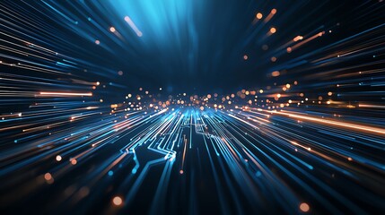 Fototapeta premium A vibrant digital abstract image showing streams of light and data points, symbolizing speed and innovation in technology and digital transformation.