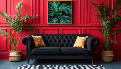 Stylish couch, Luxurious black sofa with golden cushions against vibrant red wall