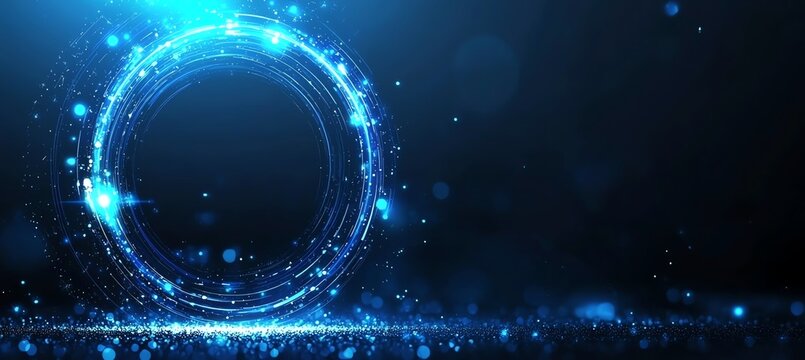 A stunning blue circular light pattern illuminates a dark background, creating a mesmerizing visual effect. Perfect for digital designs, wallpapers, and tech themes.