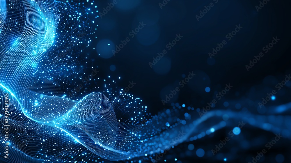 Poster a stunning abstract image featuring luminous blue particles and flowing lines, creating a sense of m