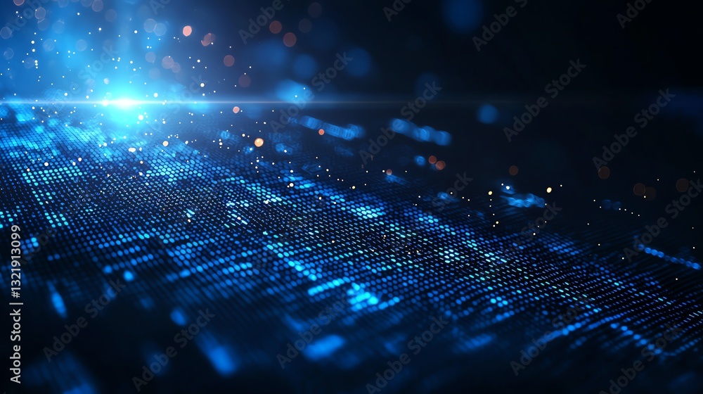 Poster a stunning abstract representation of digital data flow, showcasing vibrant blue light effects and s